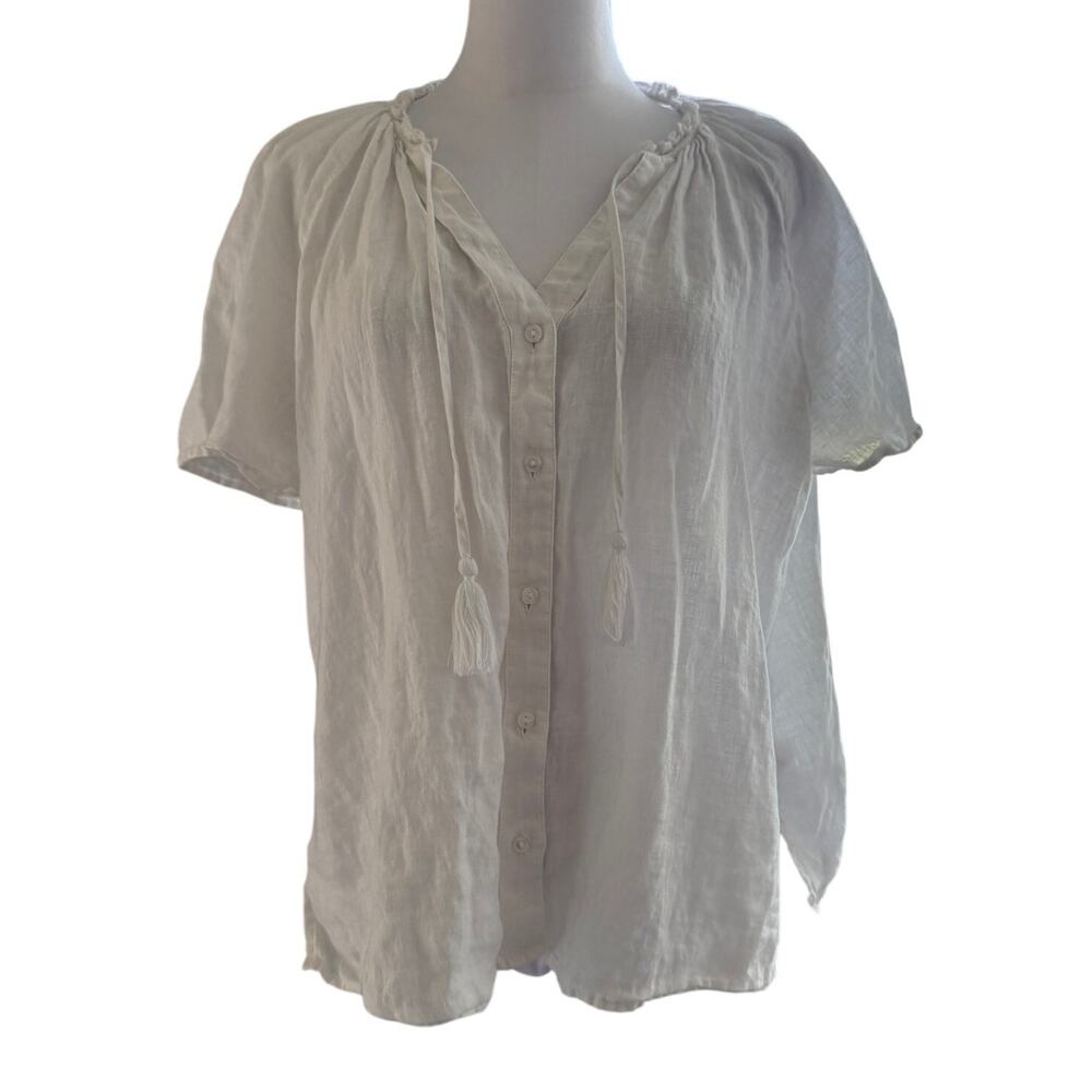 Charter Club 100% Linen Blouse Large White Tassel Peasant Button Front Luxury